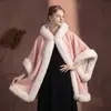 Casaco tipo capa feminina, Outono e Inverno, Forrado com fleece, Lã sintética, Floco de neve, Rosa, Caimento solto, Tamanho grande, Gola de pelo, Casaco grosso, Poncho