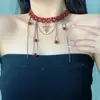 Collar de Cadena para Clavícula para Mujer, Estilo Lujo Ligero, Cruz con Borla y Perlas Rojas Incrustadas de Diamantes, Moderno y a la Moda, Gama Alta, Exquisito, Nicho