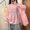Verano 2025 Nueva Camisa Artística de Cuello Redondo Holgada Coreana de Ramio Reductora de Edad Casual Color Sólido Camisa de Muñeca Forro