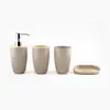 Set de Cuatro Piezas para Baño con Tapa de Bambú Rayada Vertical, Set de Vasos para Lavarse, Estante de Almacenamiento para Baño de Hotel, Vaso para Enjuague Bucal, Botella para Loción