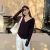 Ls Nueva MarcaEtiqueta Negra Minimalista Gran Marca Principios de Primavera Nueva Moda Minimalista Color Sólido Cuello en V Camiseta Básica 30207 #