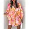 Comércio exterior transfronteiriço europeu e americano mulheres verão manga voadora feminina Amazon V-neck lace-up vestido de praia estampado atacado