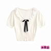 Crochê V-neck manga curta camisola feminina 2024 verão curto renda retalhos arco boneca camisa topo