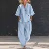 Conjunto de Moda Casual Transfronteiriça Europeia e Americana para Mulheres 2026, Cor Sólida, Gola V, Manga Curta Solta e Calça Longa com Gola Reversível
