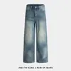 Jeans Reto Azul Lavado Desgastado Simples Tendência Americana High Street Casual Solto Versátil Moda Calça Reta