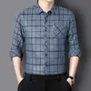 Camisa de Manga Larga Delfín Americano para Hombre Primavera y Otoño Cuello de Solapa Cuadros de Seda de Morera para Papás de Mediana Edad y Mayores Top para Hombre