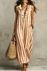 Vestido Casual Holgado de Verano 2026, Estilo Bohemio Nuevo, Rayas Verticales, Cuello en V, Bolsillo Lateral con Volantes