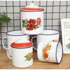 Taza de té de hierro nostálgica de la vieja escuela con doble felicidad y tapa, tamaño grande, taza retro de esmalte, clásica creativa china con taza de agua de flores