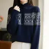 Suéter de Punto Jacquard de Lana Vintage con Cuello Semiabierto, Elegante Estilo Nuevo de Primavera, Top de Punto Vintage para Mujer de Otoño e Invierno