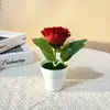 Rosa de Sorvete Única em um Vaso Redondo Pequeno, Planta Artificial para Mesa de Escritório, Decoração de Janela Interna, Ornamento de Planta Verde