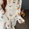 Pijama de otoño para mujer con cuello de muñeco de dibujos animados, manga larga y pantalón largo, lindo conjunto de dos piezas de algodón nube para casa, corte holgado