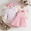Conjunto de Vestido Europeo y Americano para Bebés Niñas: Top de manga larga con corazón acanalado + Vestido de tirantes de pana + Diadema