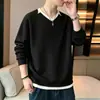 Marca Americana da Moda Gola V Emagrecedor Falso Duas Peças Bloco de Cores Costura Listrado Manga Longa Moletom Masculino Tamanho Grande Camada Base da Moda