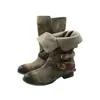 Botas de Motocicleta Verdes Cinza Dobráveis de Cano Médio Botas Ruched Emagrecedoras Chegada Nova Outono 2026 Botas de Cavaleiro com Fivela de Rebite Botas Femininas