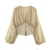Estilo Europeu Comércio Exterior Verão Novo Moda Feminina Versátil Patchwork Cintura Estilo Manga Longa Camisa Top