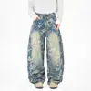 Estilo Primavera Moda Americana de Rua Jacquard Floral Retrô Calça Jeans Solta de Perna Larga Calça Curva Tendência