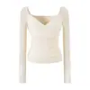 Camiseta de Manga Larga con Parches de Malla y Escote en V Puro Deseo para Mujer 2026 Otoño Adelgazante Favorecedor Temperamento Ceñido a la Cintura Top Corto