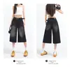 Pantalones vaqueros cropped de pierna ancha color negro estilo americano para mujer, nuevos de verano vintage de cintura alta holgados rectos adelgazantes casuales de longitud media