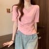 Foto Real Super Fogo Manga Curta Plissada Dividida Camiseta Feminina Verão 2023 Novo Slim Fit Emagrecimento Top Curto