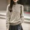 Nuevo suéter de punto de cachemira y lana para otoño e invierno, con cuello alto, medio abierto, mangas largas y lana cepillada texturizada para mujer