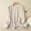 Camisa larga de manga larga de algodón y lino estilo vintage de corte holgado para mujer, nuevo modelo primavera-verano 2024, cuello redondo, chaqueta camisa de longitud media para mujer