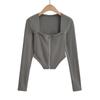 Cárdigan de manga larga con cuello cuadrado de estilo europeo y americano para mujer, otoño 2023, nueva camiseta ajustada irregular con cremallera corta