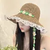 Sombrero de Paja Estilo Nuevo con Lazos de Encaje Floral Pequeños, Sombrero de Pescador de Paja con Protección Solar para Vacaciones de Mujer, Sombrero de Paja para Playa con Protección Solar