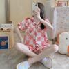 Pijama de verano del sudeste asiático con bonito perro canela para mujer, conjunto de pantalones cortos con solapa y manga corta, ropa de abrigo de dibujos animados de estilo japonés