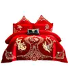 Bordado de algodón de alta gama 140 rojo boda juego de cuatro piezas dote dragón y fénix categoría de cama de algodón al por mayor
