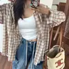 Camisa de Manga Larga Suelta con Botones y Cuello de Solapa de Cuadros Frescos para Mujer de Dongdaemun, Corea del Sur