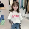G2334# Camiseta de Manga Longa para Meninas Nova Primavera Outono Camiseta Básica Infantil 100% Algodão Top Versátil Camiseta Listrada para Meninas