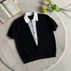 Camiseta de Tricô Manga Curta Gola Lapela Falsa de Duas Peças Estilo Old Money Patchwork Color Block Luxo Casual para o Trabalho