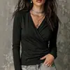 2026 Amazon Europeia e Americana Transfronteiriça Outono Novo Roupa Feminina Gola V Cruzada Manga Longa Plissada Camiseta Casual Top para Mulheres