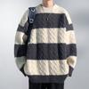 Suéter de Rayas Casual Versátil de Moda Otoño e Invierno Estilo Hong Kong para Hombre Engrosado Cálido Interior Holgado Suéter Base de Punto