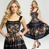 Vestido Camisola Estampado Floral Retro com Posição Alças Largas na Cintura Alta Ajustada Bainha Larga Corte A-line Vestido Midi de Férias