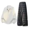 Estilo Preguiçoso da Nova Coleção Outono/Inverno Moletom com Textura Jacquard Conjunto Casual Calça Reta Casual Xadrez Solta