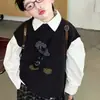 Conjunto de 3 piezas estilo americano para bebé, nuevo suéter con chaleco de dibujos animados para primavera y otoño 2026, chaqueta, camisa, pantalones a cuadros