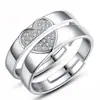 Anillo de pareja chapado en platino estilo europeo y americano, anillo abierto de plata 925 con circonita en forma de corazón, regalo simple y elegante para el Día de San Valentín