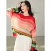 Sí Suéter de Punto Rayado de Mohair con Bloques de Color Arcoíris para Mujer, Ligero, Nuevo Estilo Dopamina de Principios de Otoño