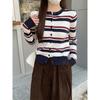 Cárdigan de punto a rayas de cuello redondo estilo retro coreano para Otoño e Invierno Chaqueta de suéter de terciopelo Andy para mujer