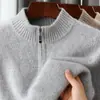 Suéter de Lã Liso Novo Outono e Inverno para Homens, Gola Alta Meia Malha Moda Meio Zíper Suéter Liso Pesado Solto