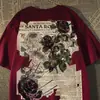 Camiseta de Algodão Pesado com Estampa de Rosa em Pintura a Óleo Estilo Americano Manga Curta para Homens e Mulheres, Top Solto Estilo Hip-Hop para Casais