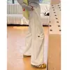 Calça de trabalho off-white com bordado de coração para mulheres, novo modelo verão 2025, cintura alta, solta, modeladora, secagem rápida, calça esportiva de perna larga