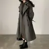Enviado: Abrigo de lana con cordones de doble botonadura, estilo chic coreano, para mujer, holgado y casual, abrigo de lana grueso de longitud media