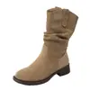 Botines plisados nuevos para mujer, efecto adelgazante, estilo Western, a la moda para otoño 2026, tacón de grosor medio, caña corta, diseño plisado
