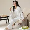 Algodão Puro Pijama Feminino de Manga Longa Outono Novo Estilo Cardigã Desenho Animado Calça Longa Conjunto Fofo de Bolinhas para Casa Primavera Outono
