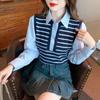 Sensação de Peça Dupla Falsa Design Elegante Camisa Feminina Roupas de Outono 2024 Novo Top Tricotado com Retalhos Listrado para o Trabalho