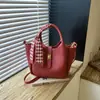 Bolsa de mão tipo balde com design nicho estilo coreano transfronteiriço, padrão lichia simples, para mulheres, cor sólida, bolsa transversal fofa e elegante