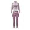 Conjunto de treino para academia para mulheres, com tecido de toque natural para yoga, color block, afina a cintura, top com zíper, cintura alta, levanta bumbum, calça fitness