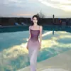 Vestido de malla con degradado morado para mujer, estilo vacacional de verano, vestido bodycon sexy de alta gama ajustado, vestido largo